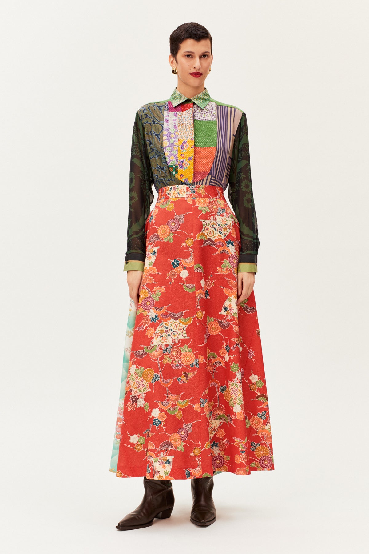 One-of-a-kind Vintage Kimono Long Skirt With Tucks